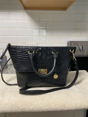 Brahmin Black Croc-Embossed Shoulder Tote with Gold Hardware